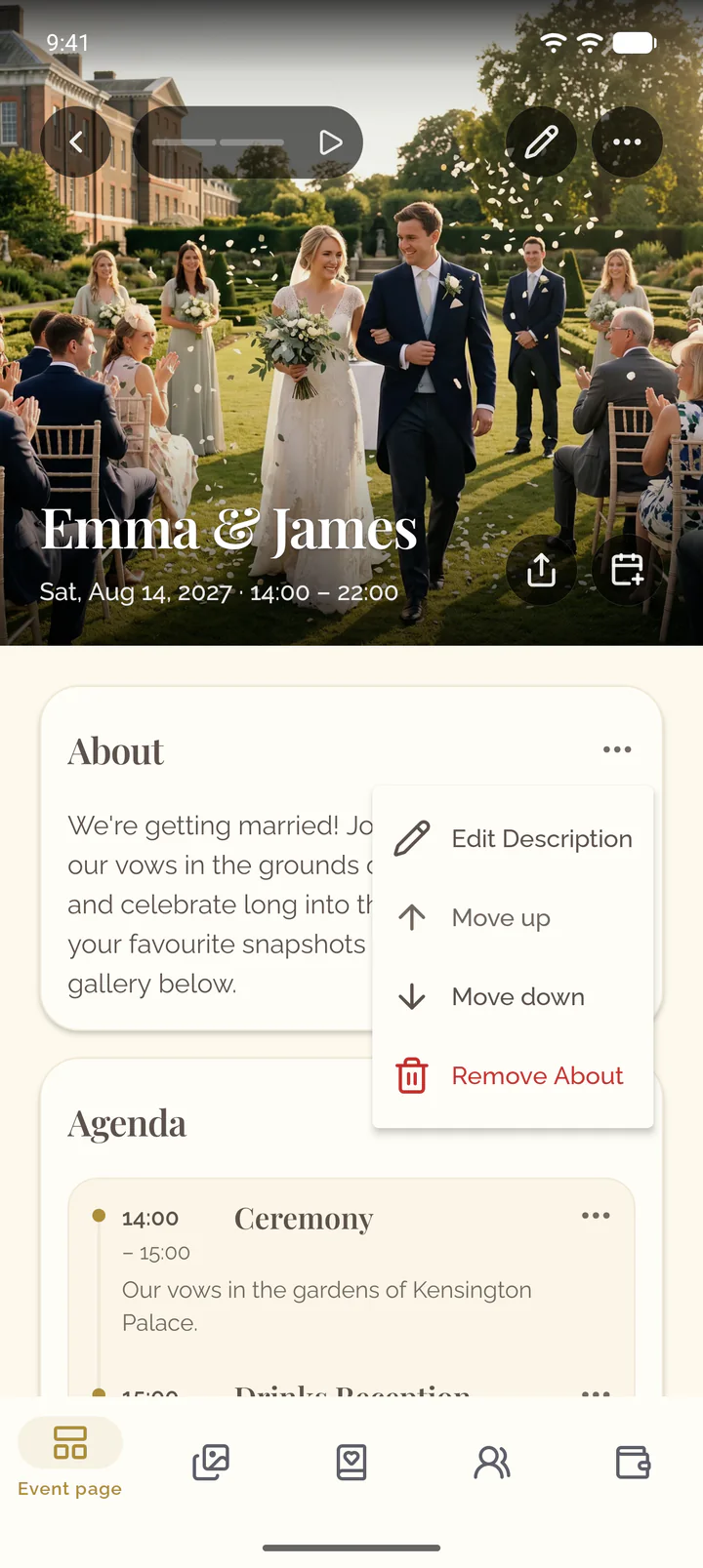The menu of the About section in the app