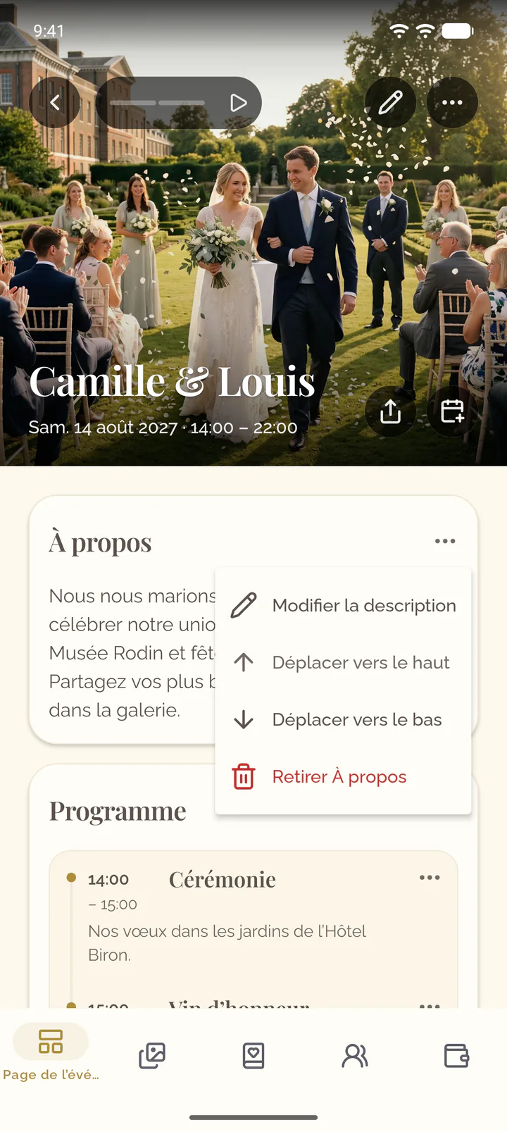 Le menu de la section À propos dans l'app