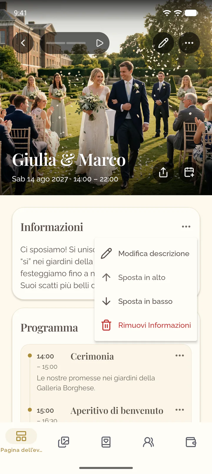Il menu della sezione Informazioni nell'app