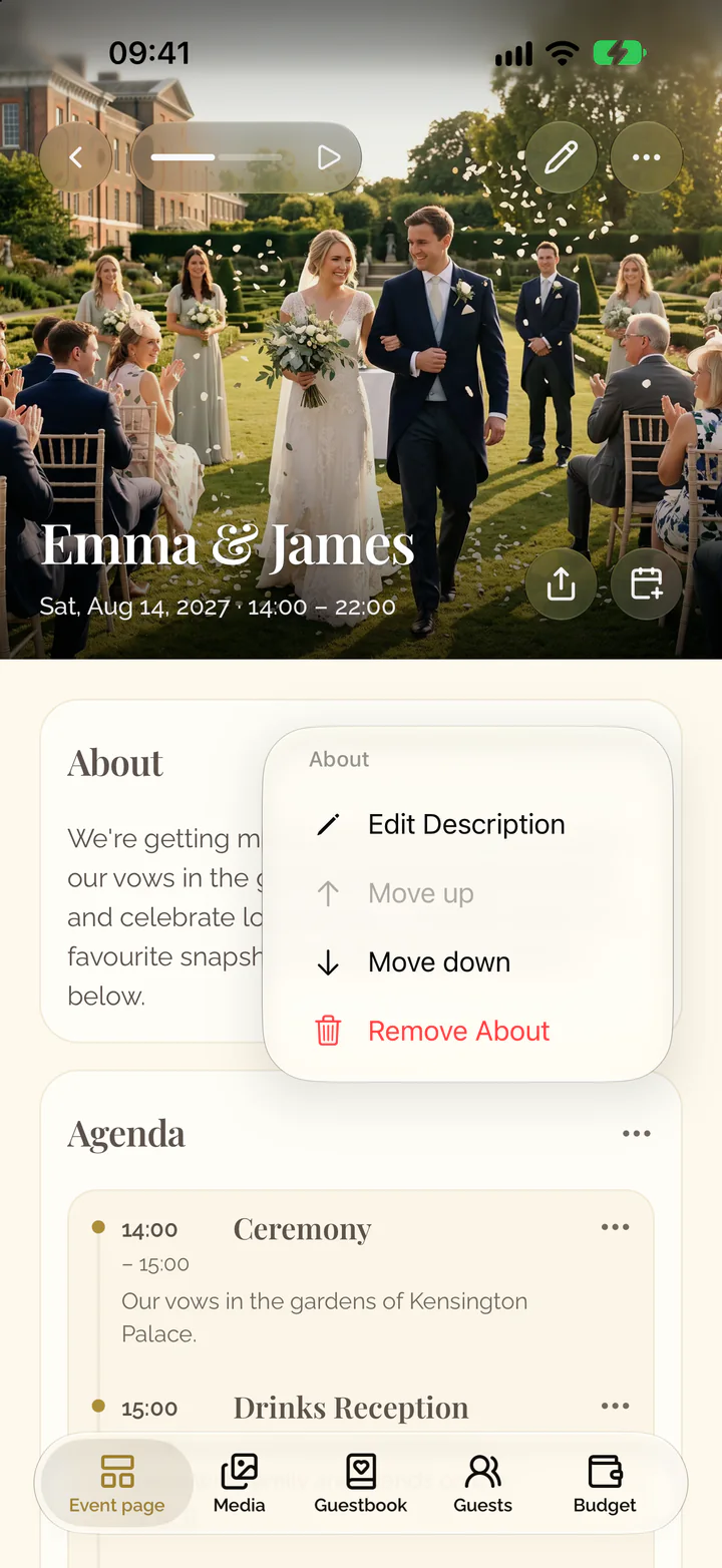 The menu of the About section in the app