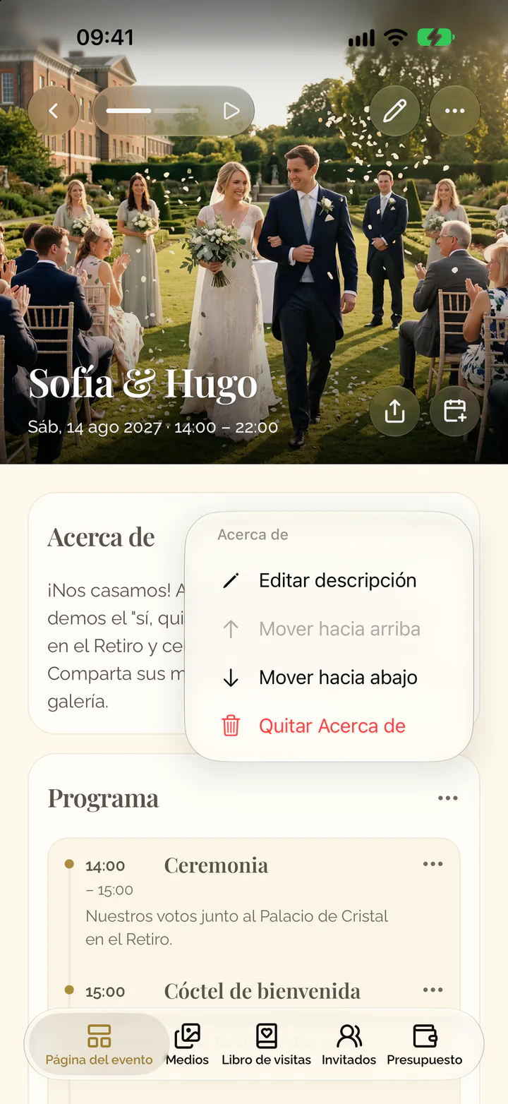 El menú de la sección Acerca de en la app
