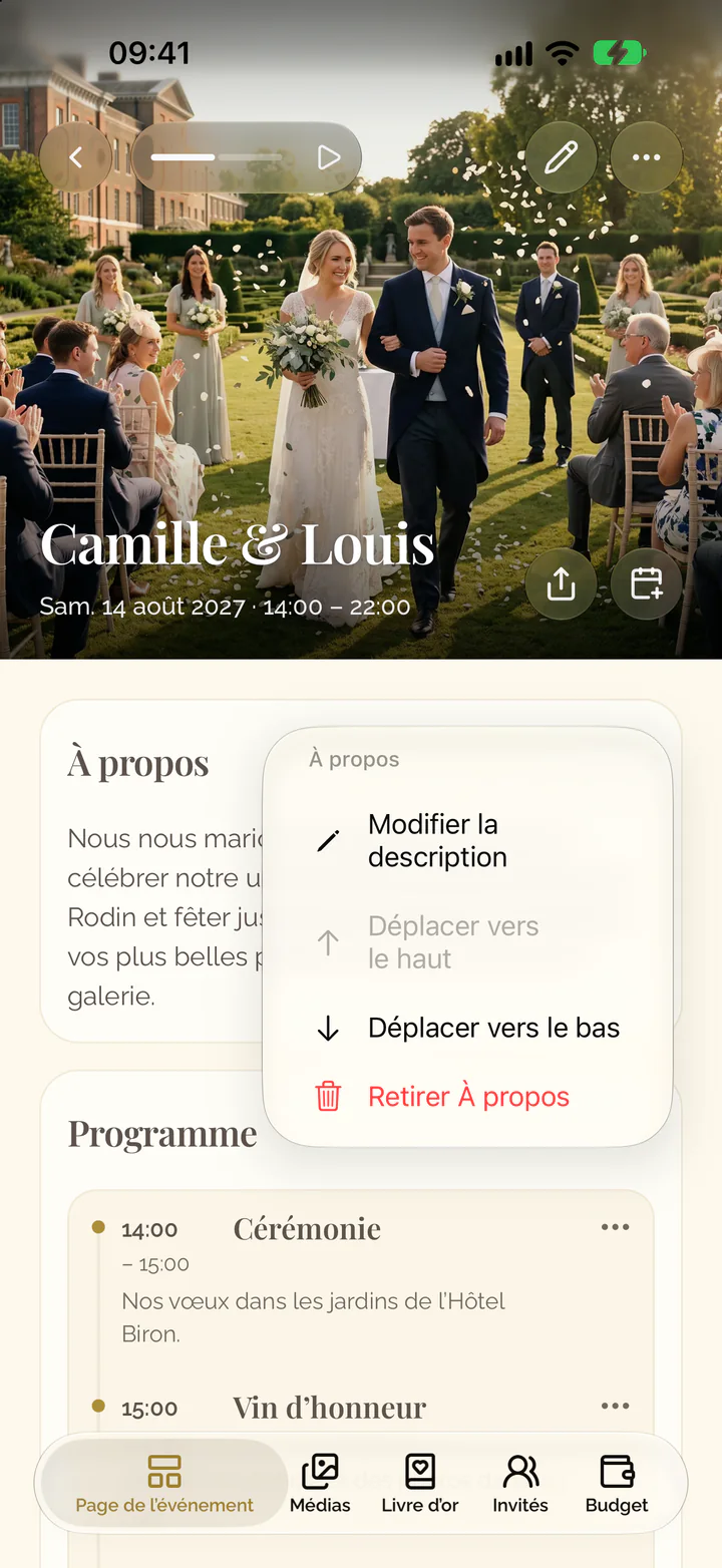 Le menu de la section À propos dans l'app