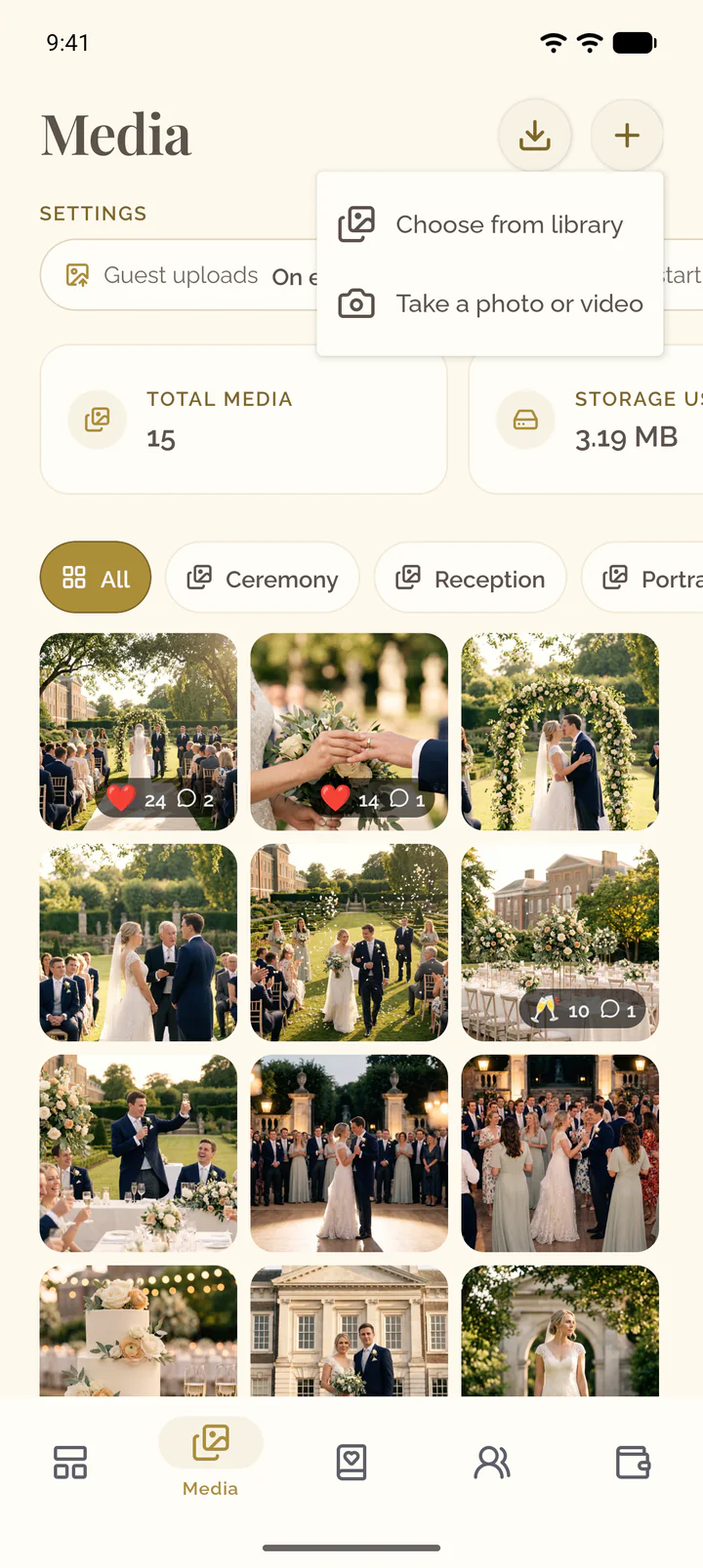The menu of the plus button in the app with the library and the camera