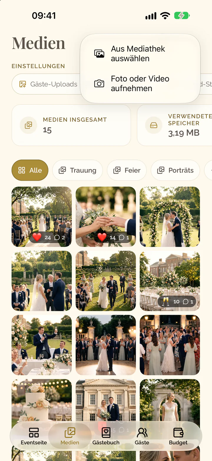 Das Menü der Plus-Schaltfläche in der App mit Mediathek und Kamera