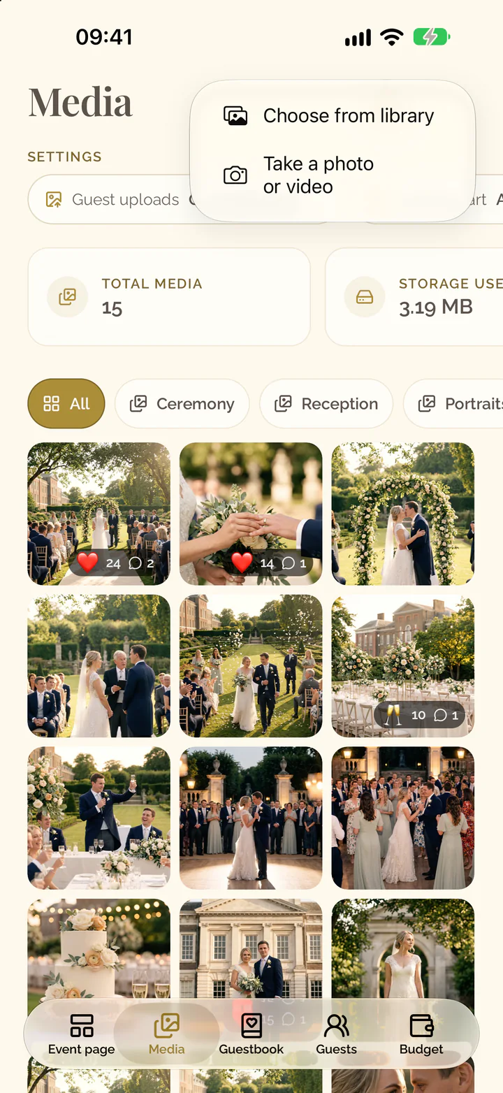 The menu of the plus button in the app with the library and the camera