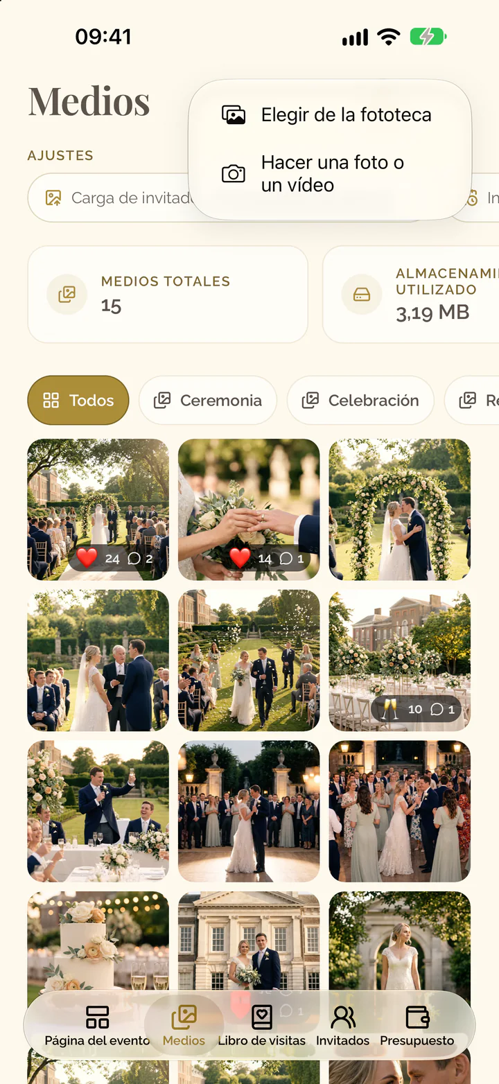 El menú del botón más en la app con la biblioteca y la cámara