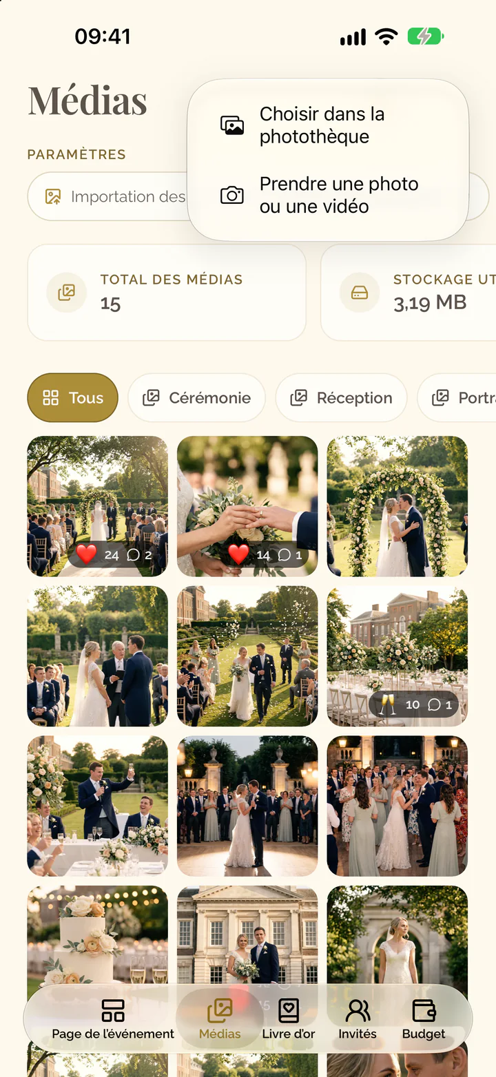 Le menu du bouton plus dans l'app avec la photothèque et l'appareil photo