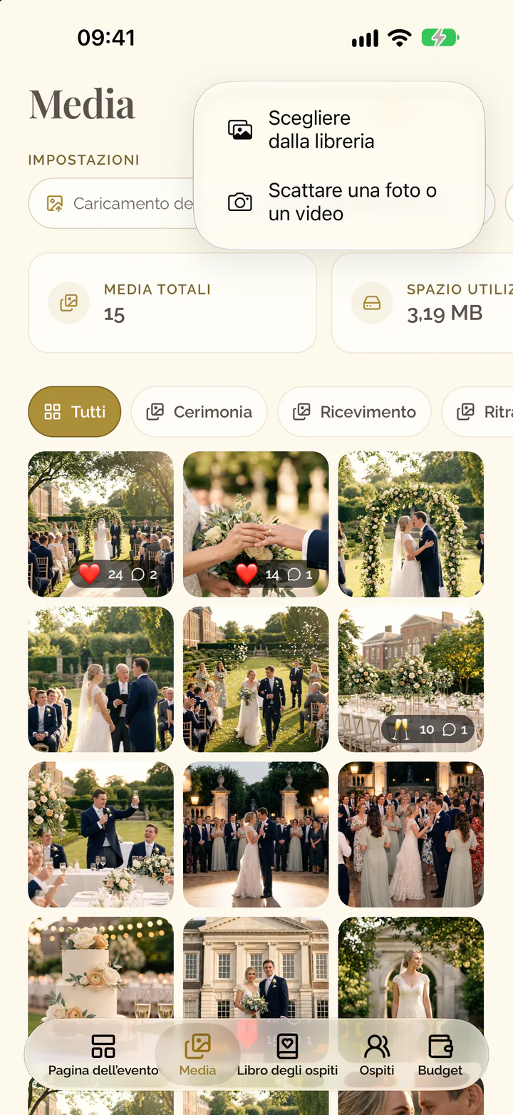 Il menu del pulsante più nell'app con la libreria e la fotocamera