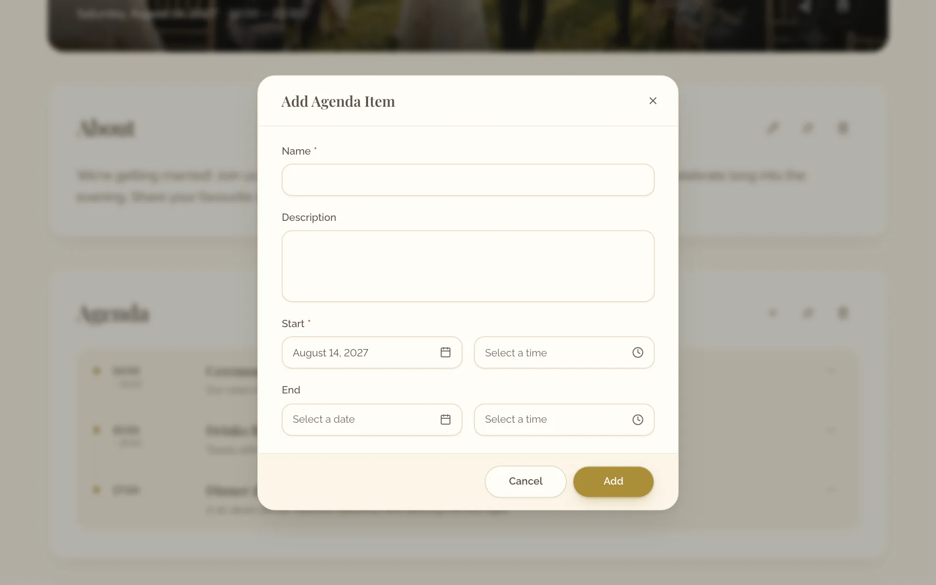The Add Agenda Item dialog with the fields for name, description, start and end