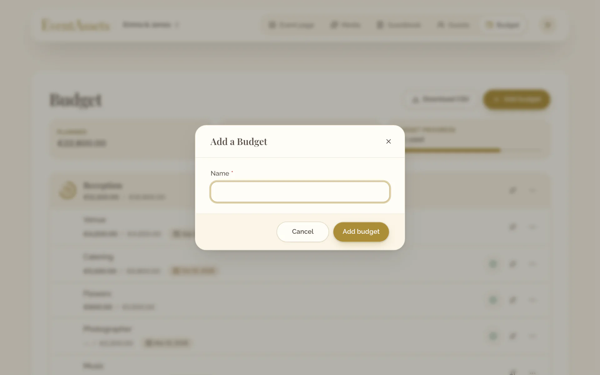 The Add a Budget dialog with its name field