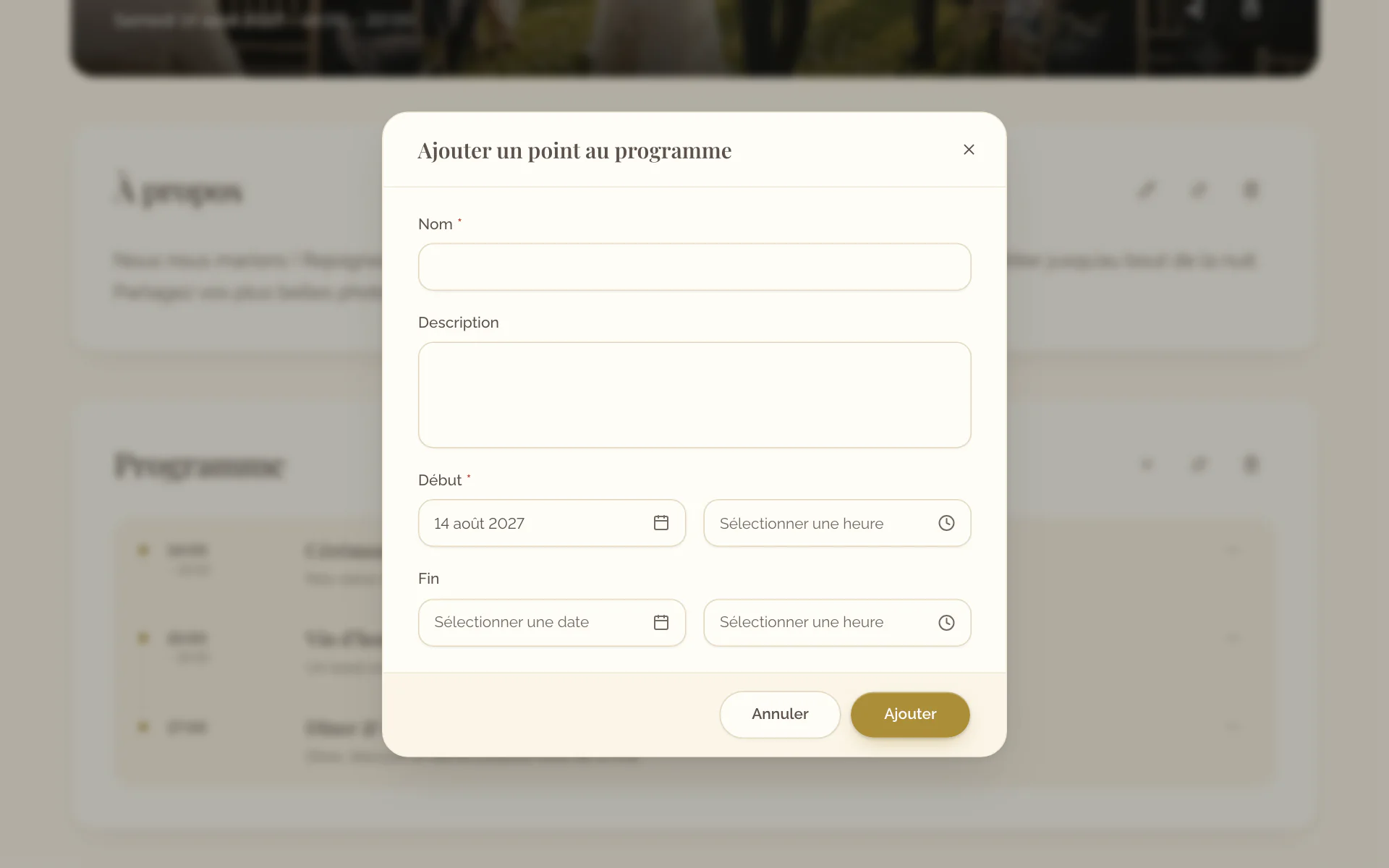 La fenêtre Ajouter un point au programme avec les champs du nom, de la description, du début et de la fin
