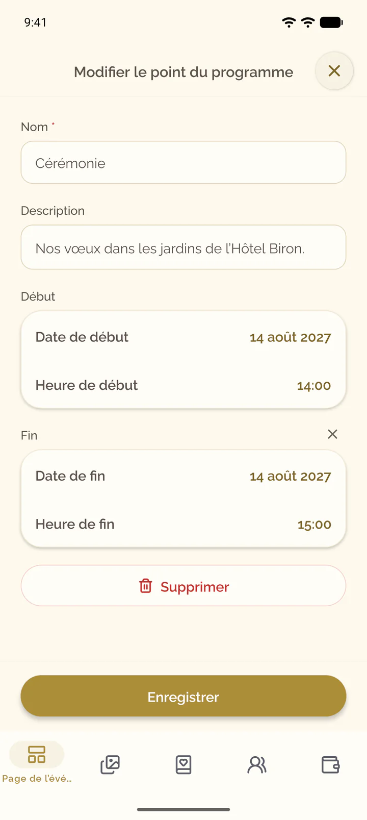 L’écran Modifier le point du programme avec les champs du point