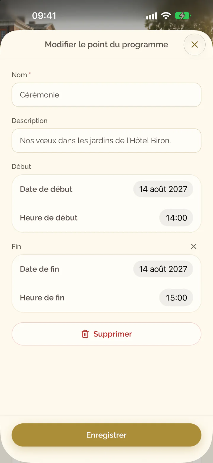 L’écran Modifier le point du programme avec les champs du point