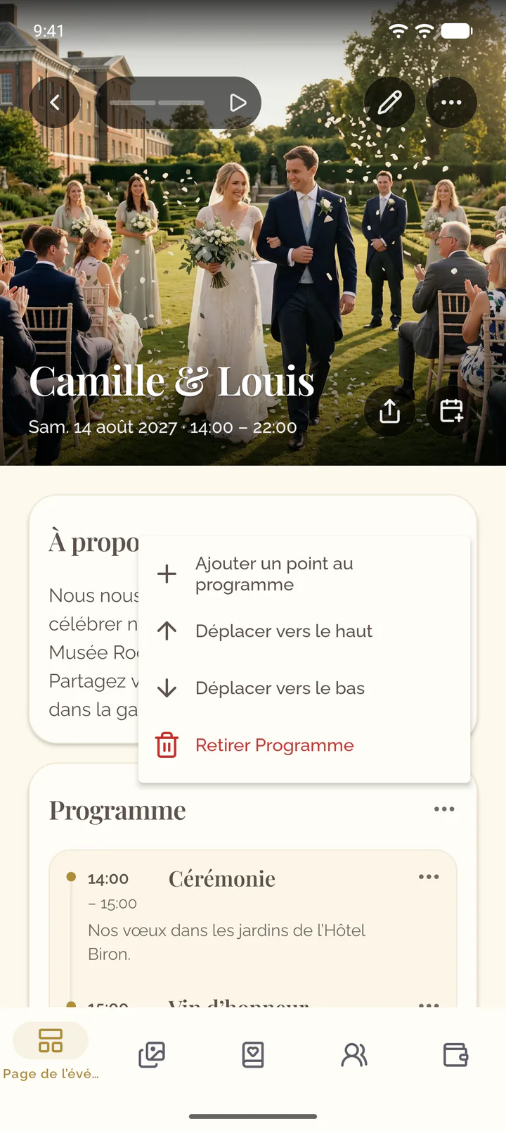 Le menu de la section Programme dans l'app