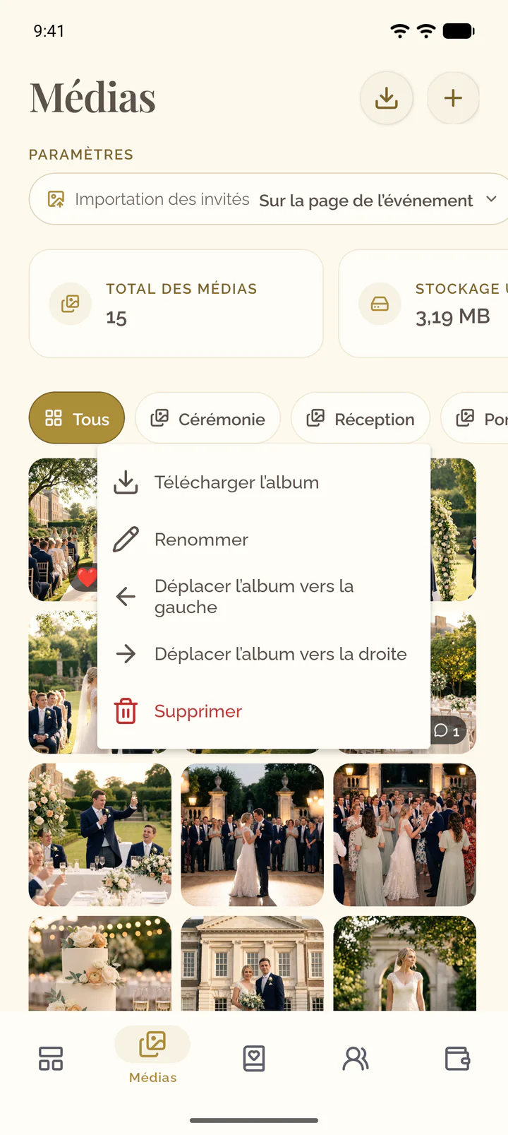 Le menu d'un album dans l'app