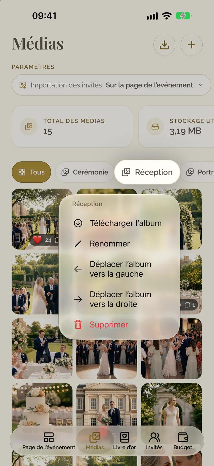 Le menu d'un album dans l'app
