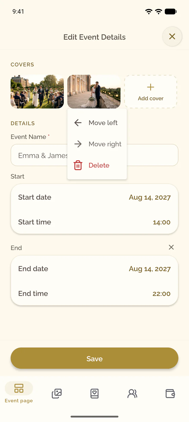 The menu of a cover image in the app