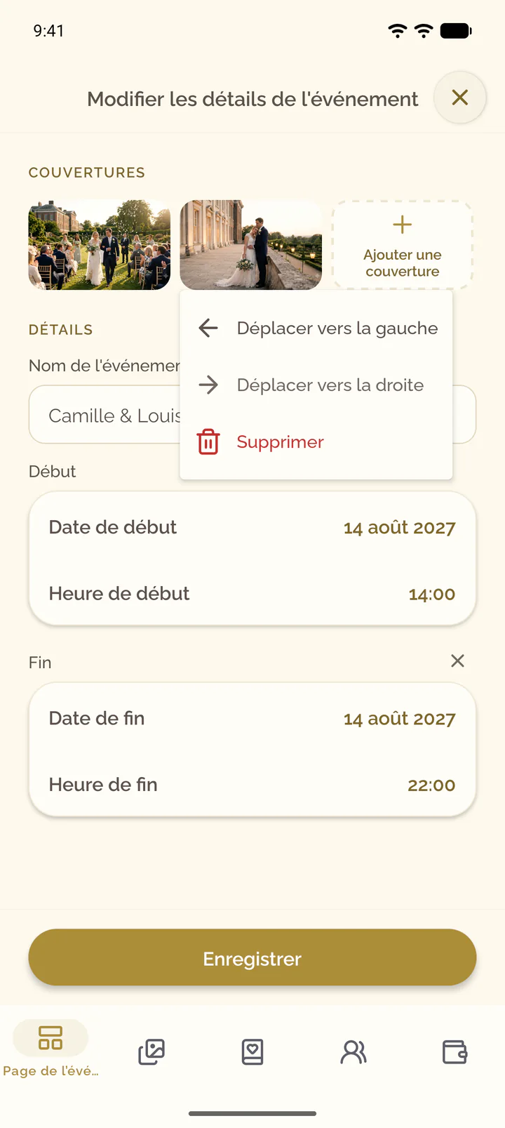 Le menu d'une image de couverture dans l'app