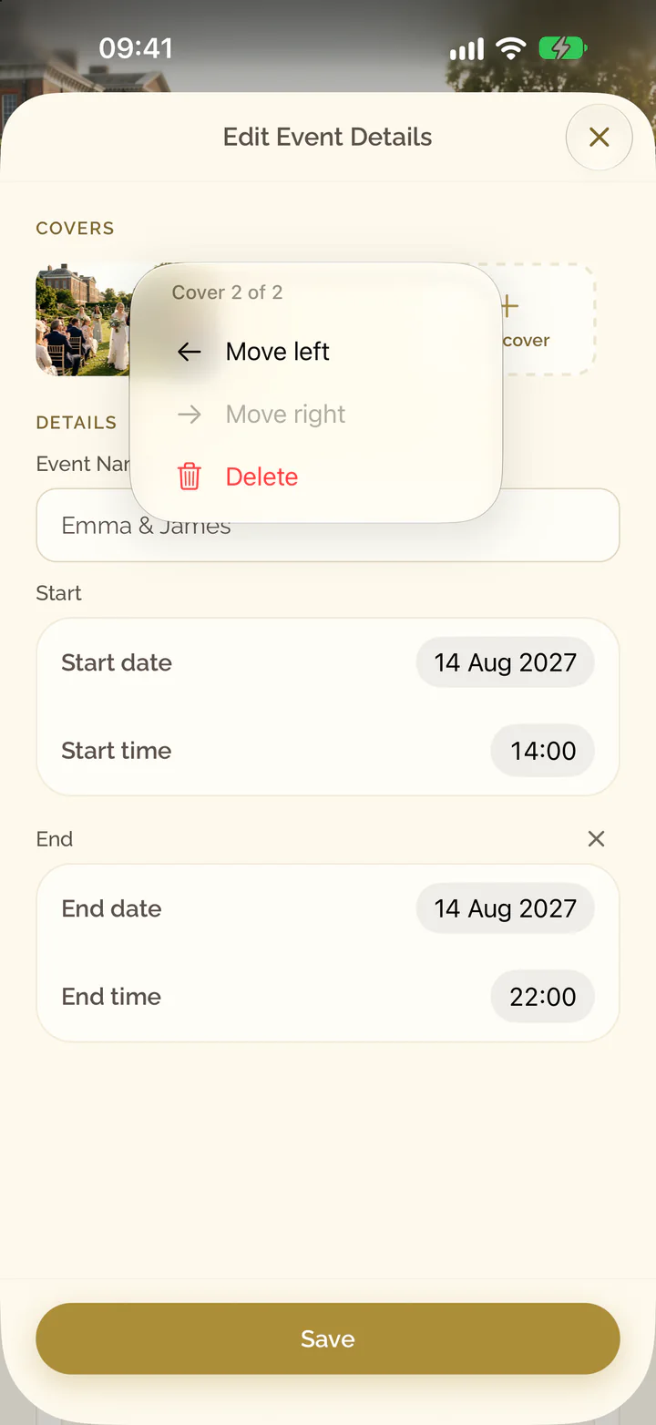 The menu of a cover image in the app