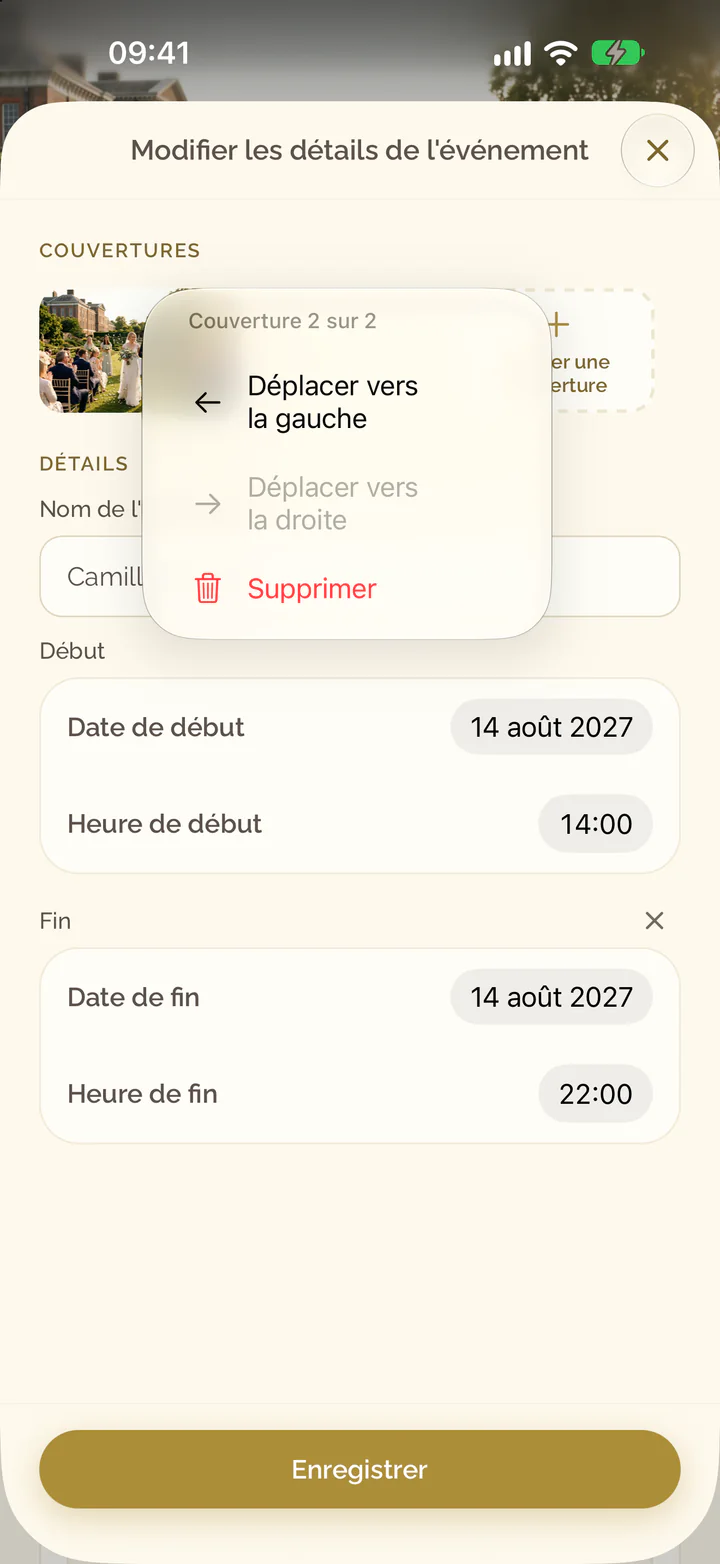 Le menu d'une image de couverture dans l'app