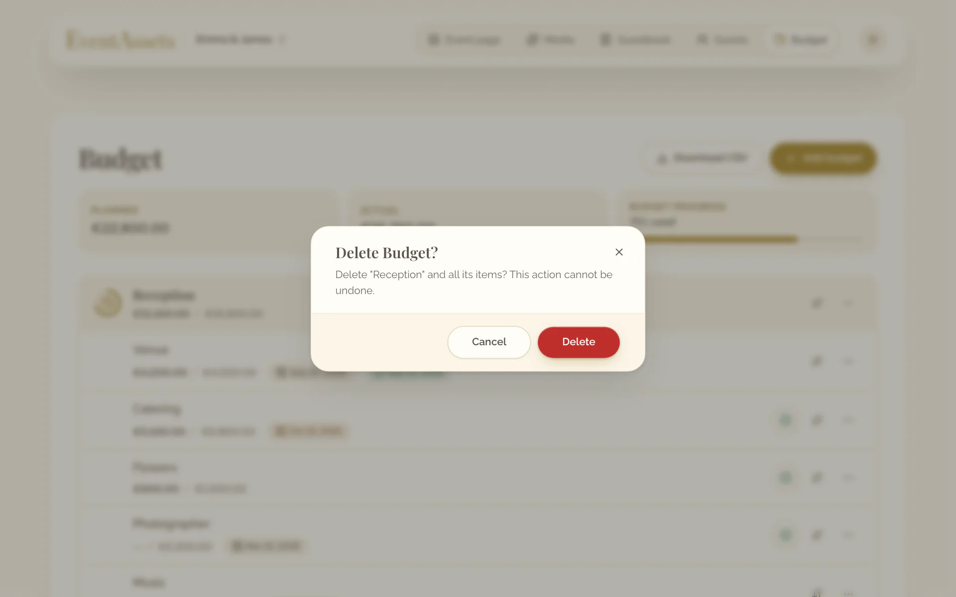 The dialog that asks whether to delete the budget and all its items