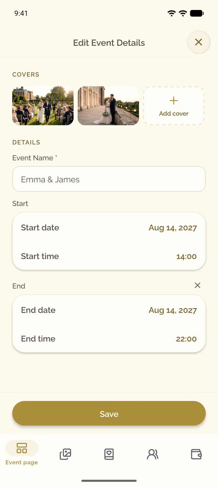 The Edit Event Details screen with the covers and the details of the event