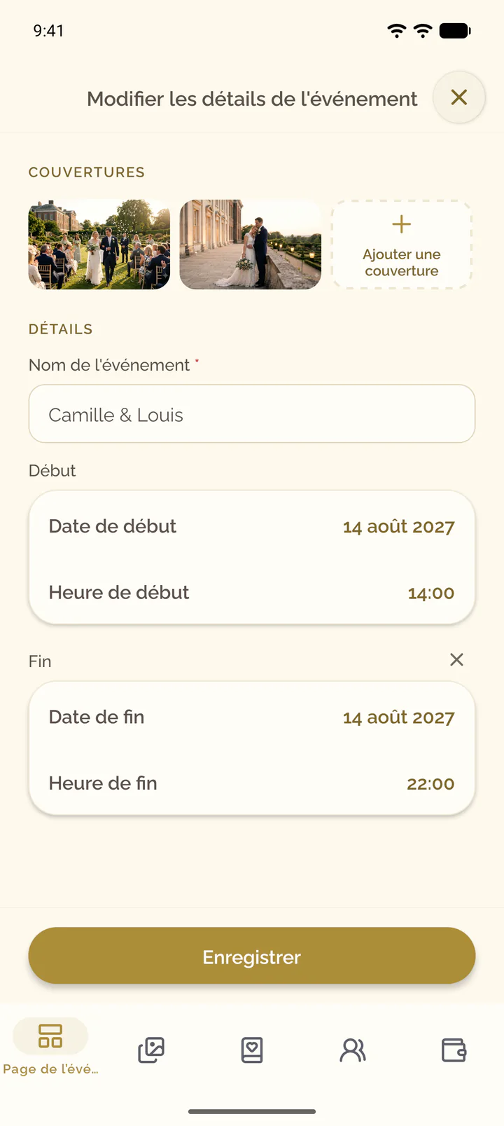 L’écran Modifier les détails de l’événement avec les couvertures et les détails de l’événement