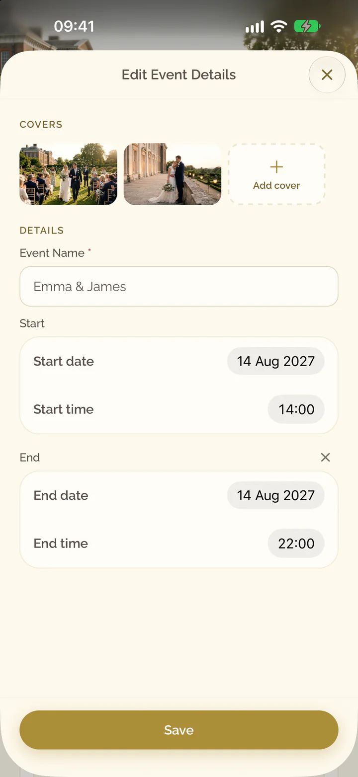 The Edit Event Details screen with the covers and the details of the event