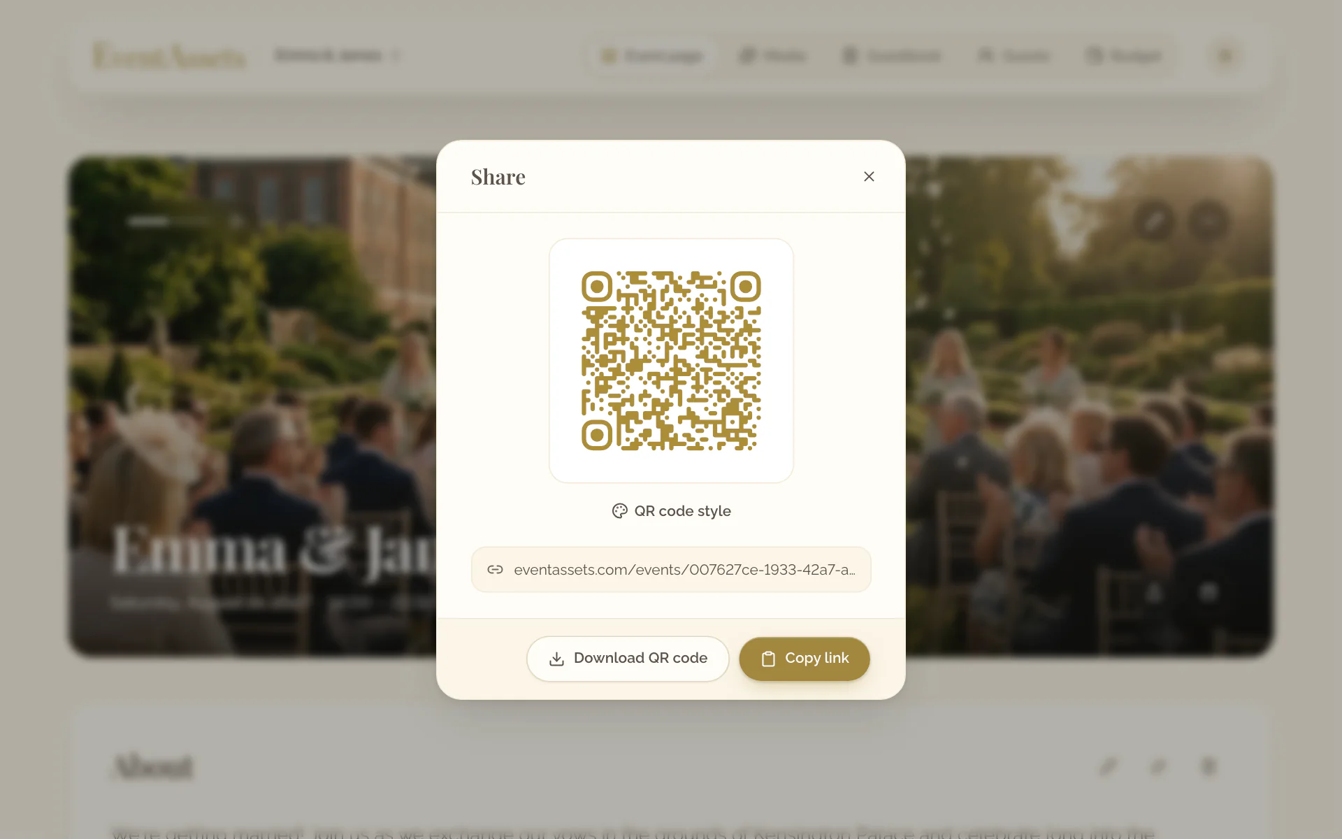 The Share dialog with the QR code and QR code style under it