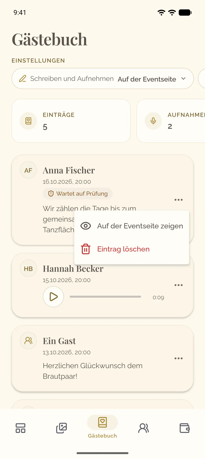 Das Menü eines Eintrags in der App