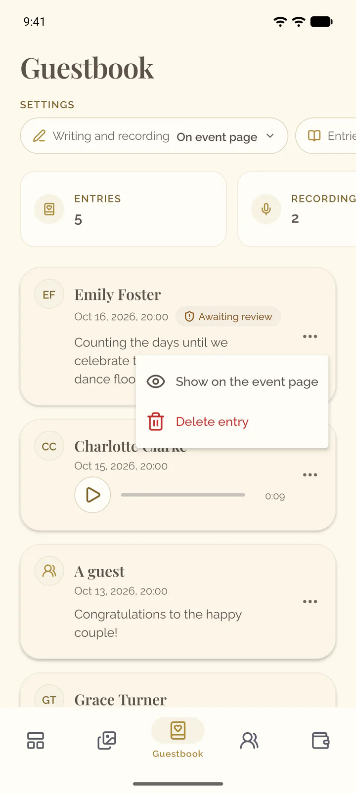 The menu of an entry in the app
