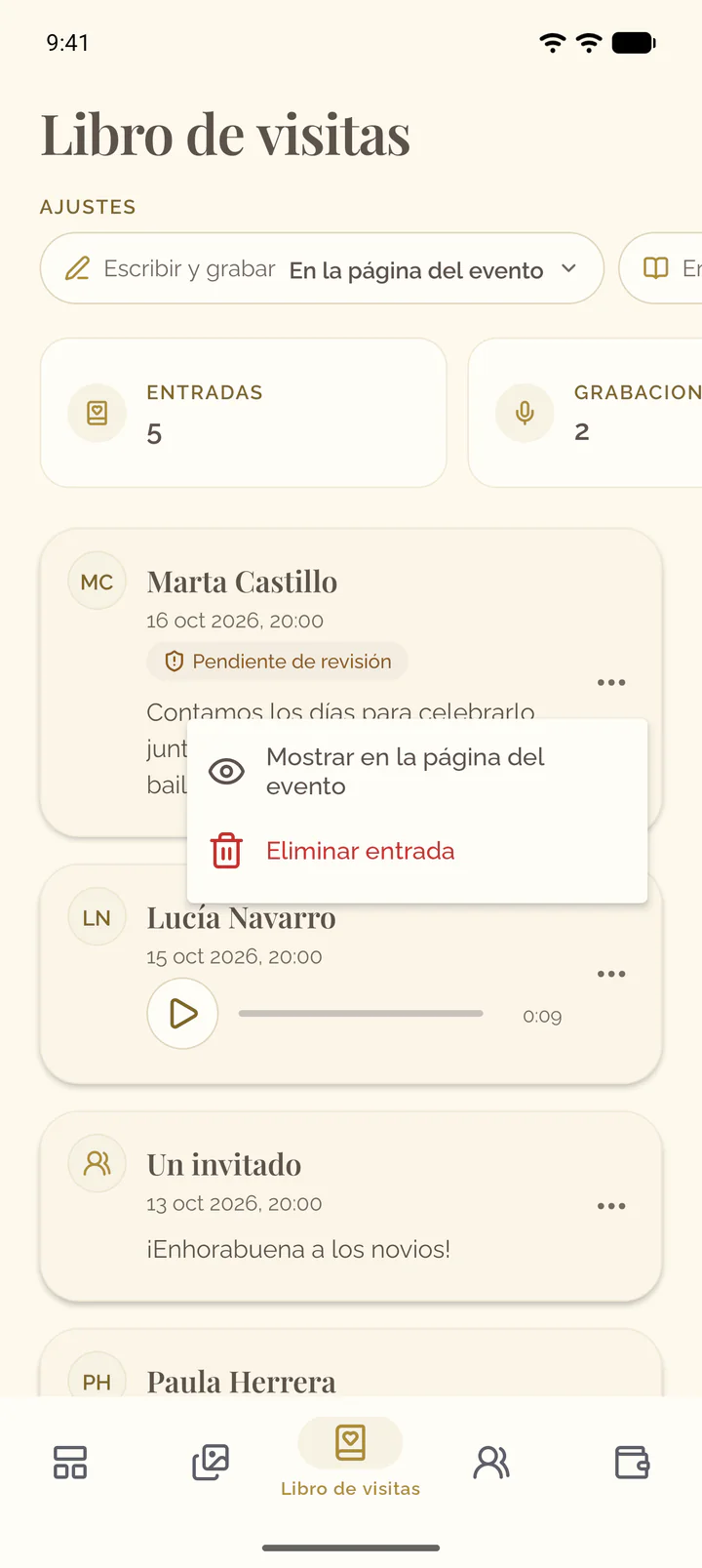El menú de una entrada en la app