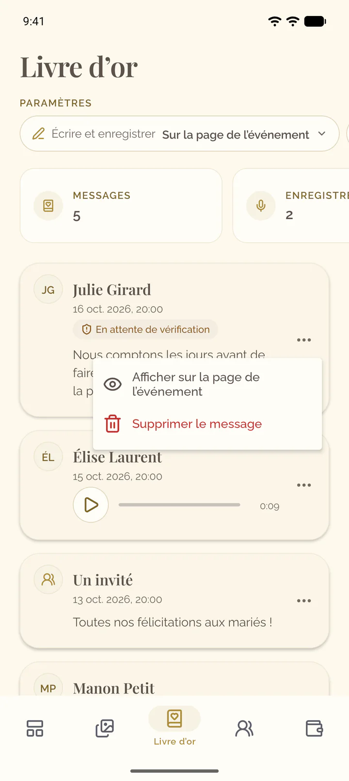 Le menu d’un message dans l’app