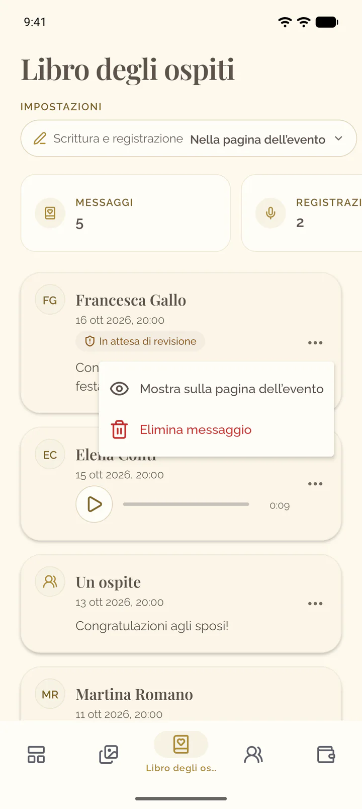 Il menu di un messaggio nell’app