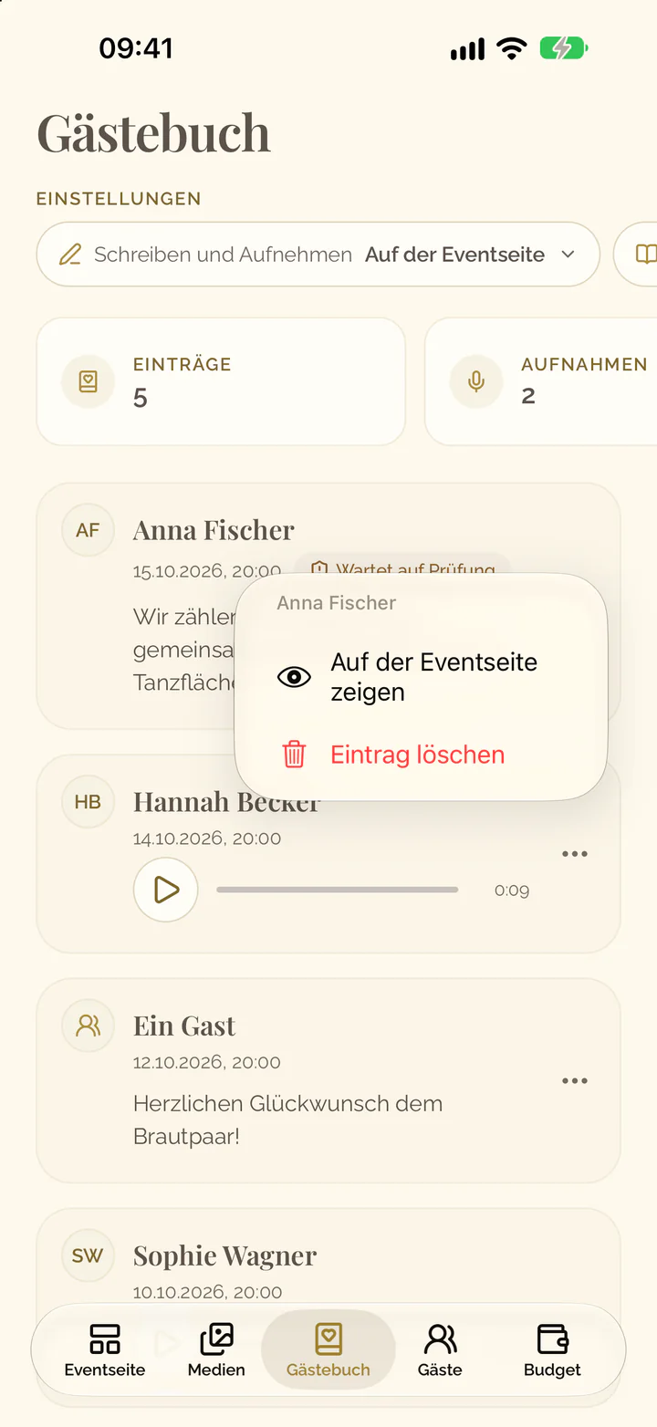 Das Menü eines Eintrags in der App
