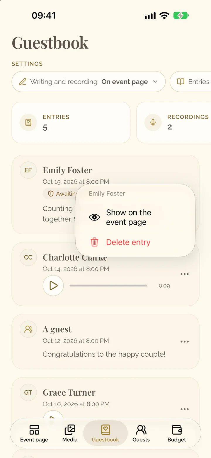 The menu of an entry in the app