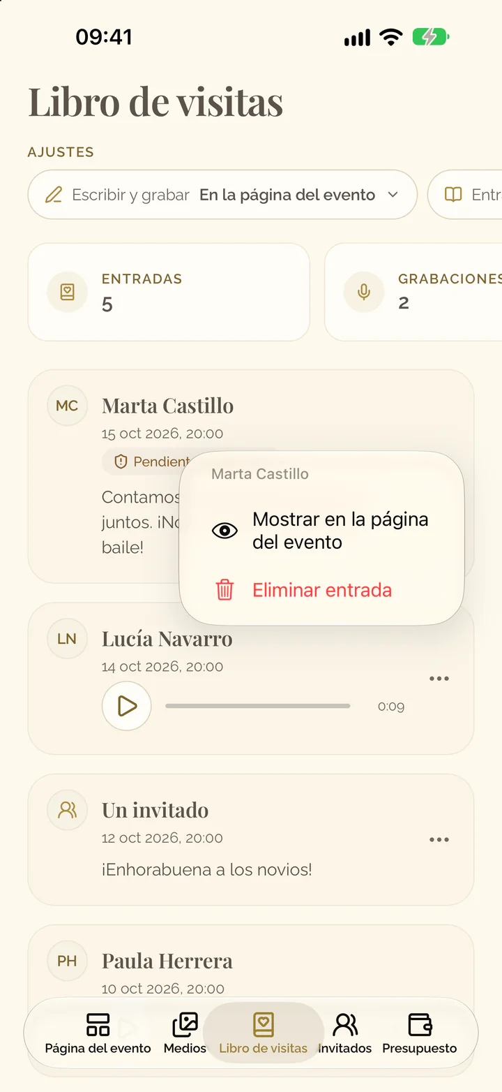 El menú de una entrada en la app