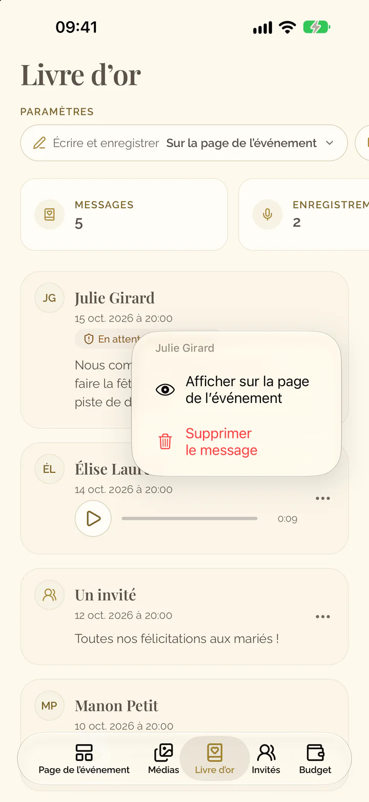 Le menu d’un message dans l’app