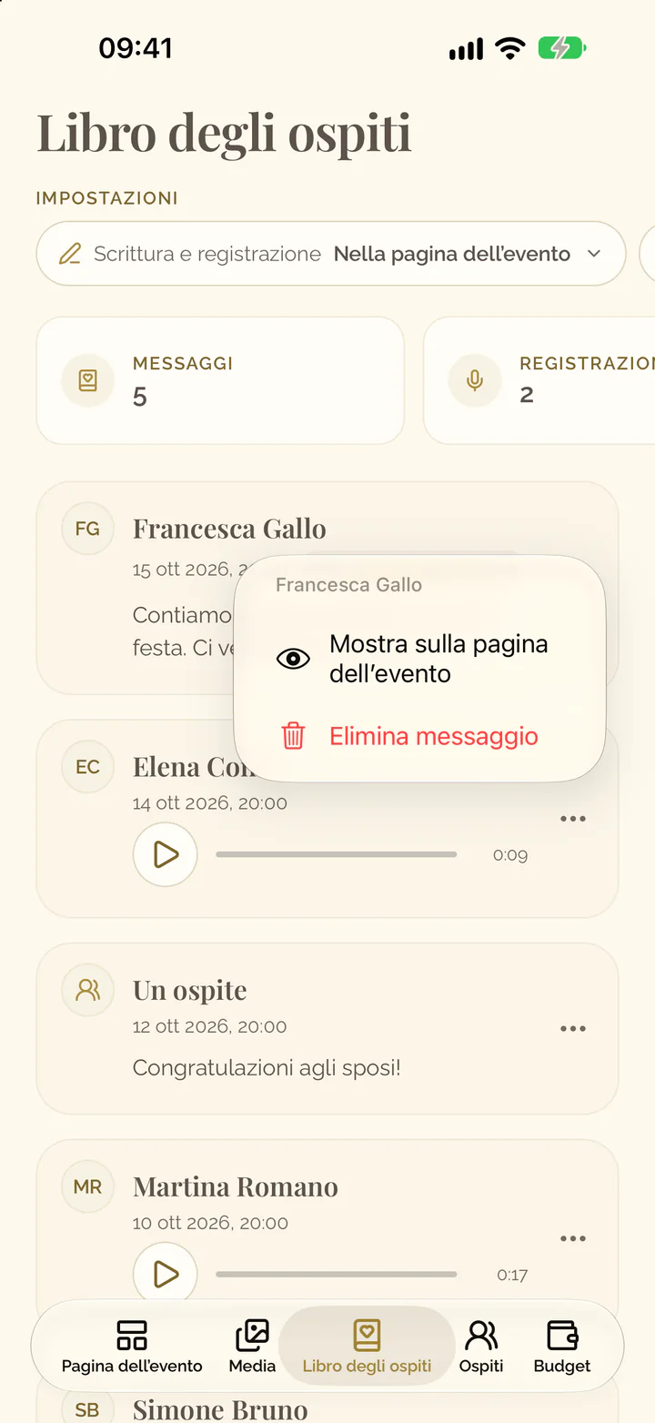 Il menu di un messaggio nell’app