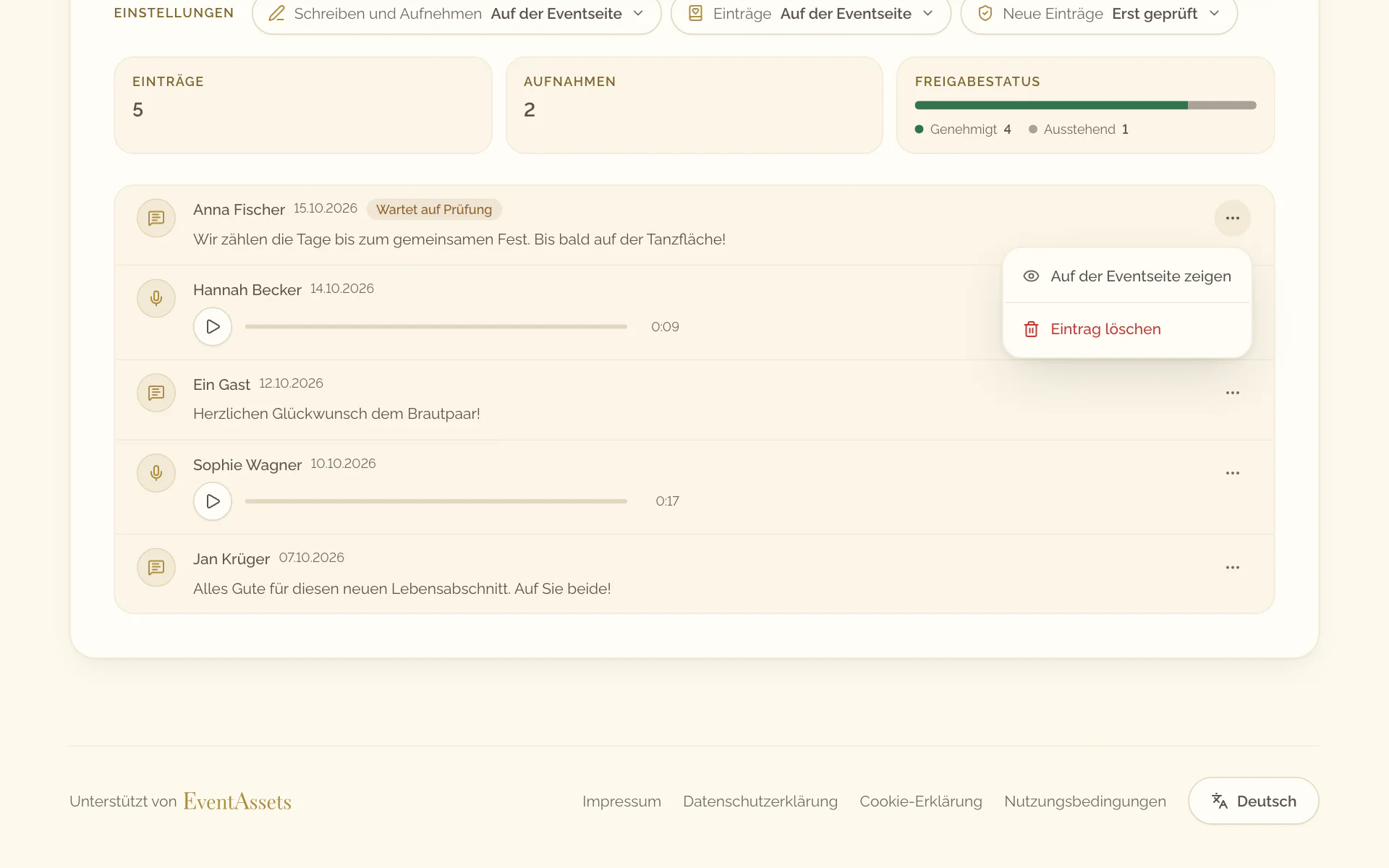Das Menü eines Eintrags im Tab Gästebuch