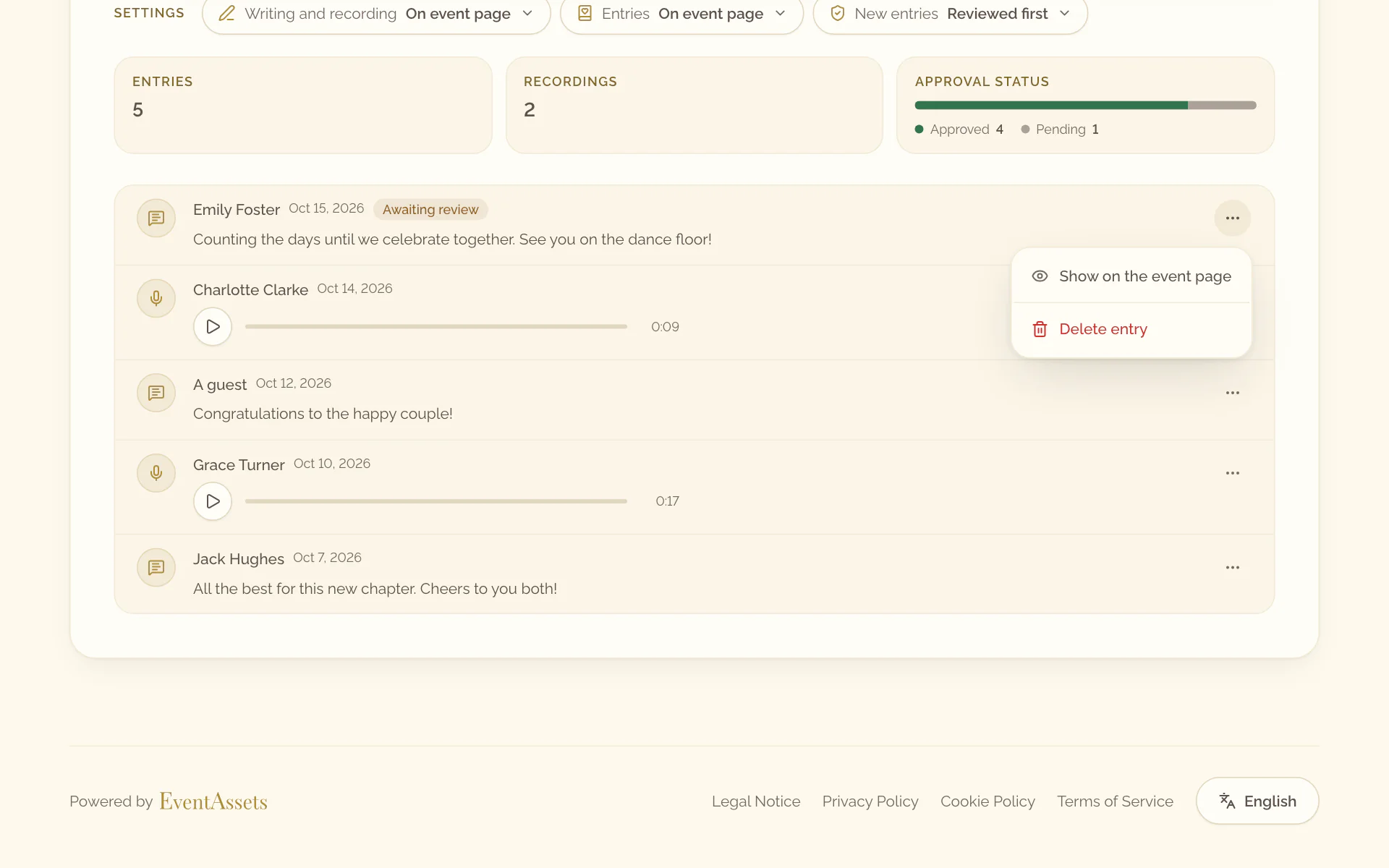 The menu of an entry in the Guestbook tab