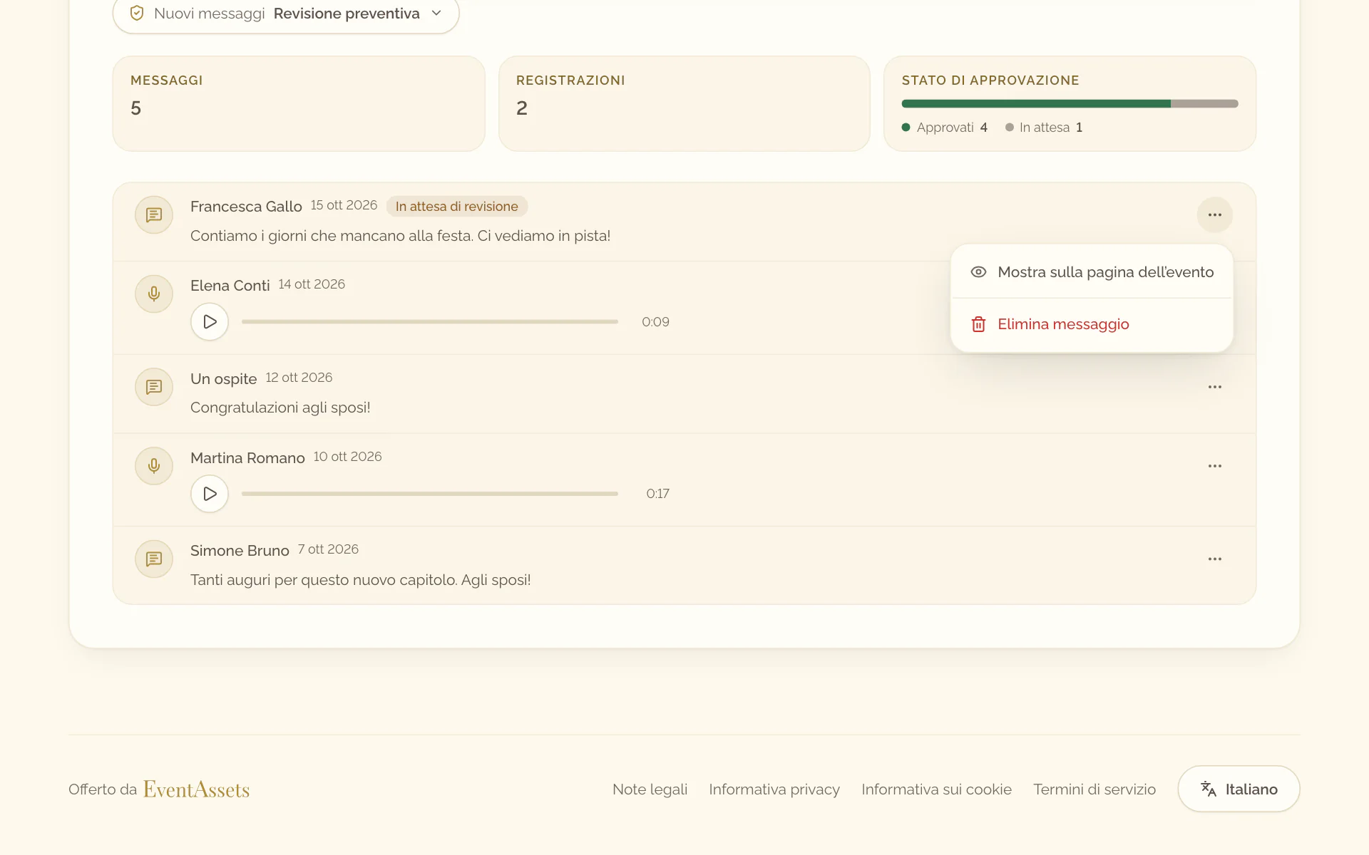 Il menu di un messaggio nella scheda Libro degli ospiti