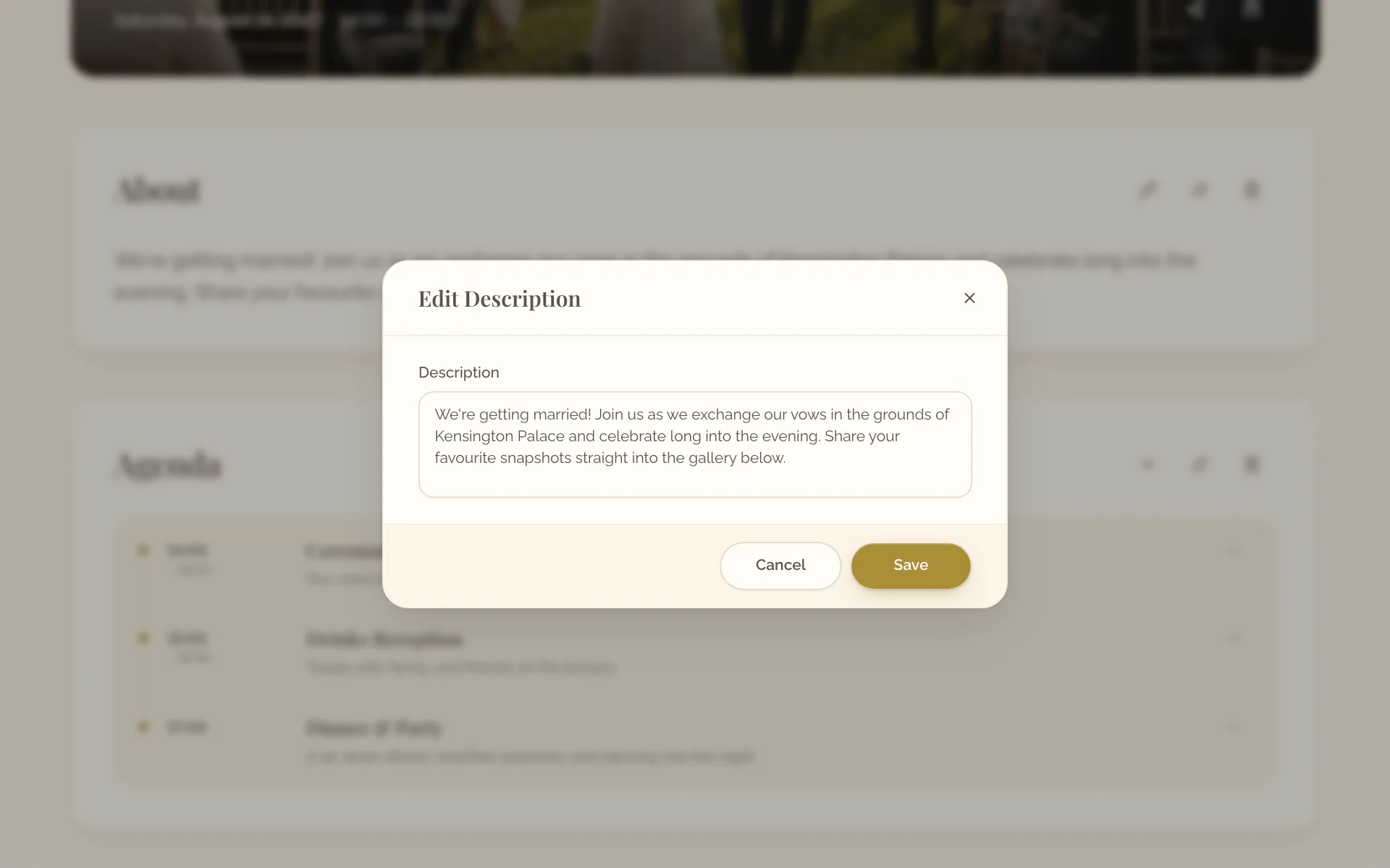 The dialog with the Description field of the About section