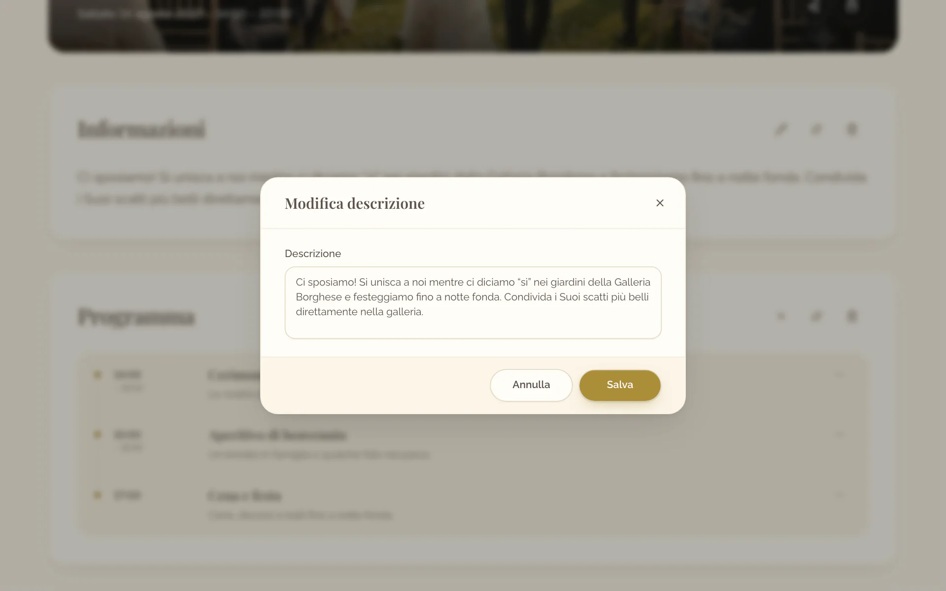 La finestra con il campo Descrizione della sezione Informazioni