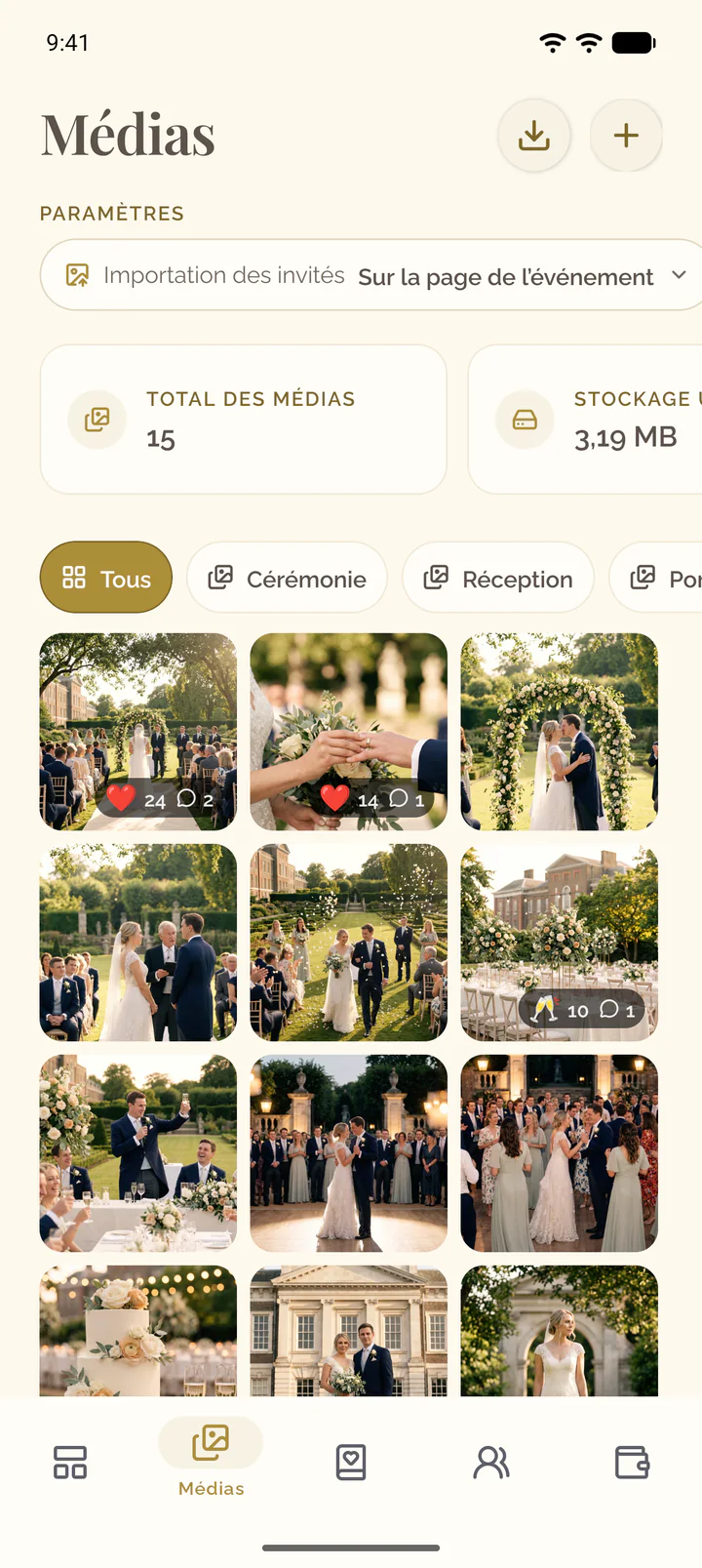 L’onglet Médias de l’application avec la rangée de ses paramètres