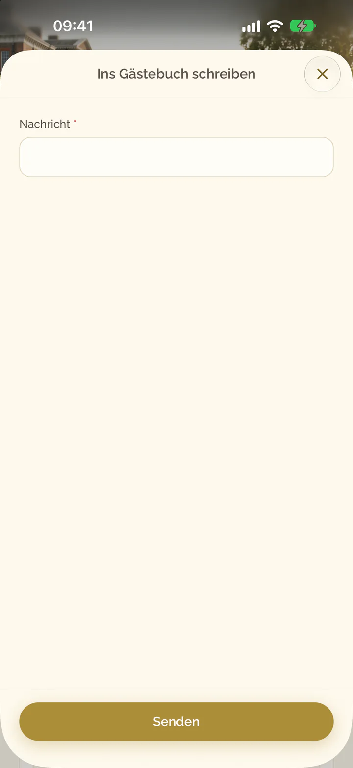 Ins Gästebuch schreiben in der App, mit dem Feld für die Nachricht