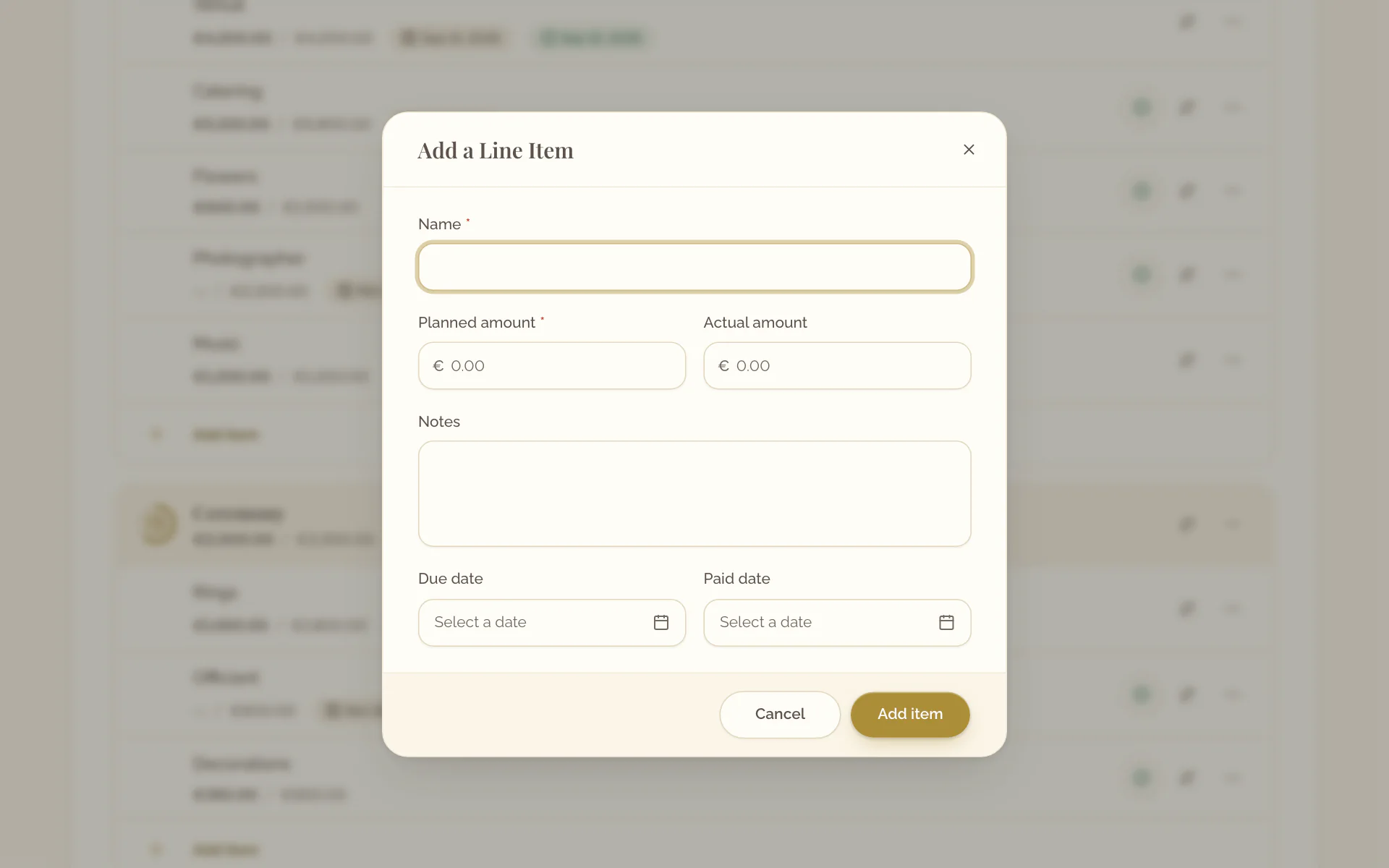 The Add a Line Item dialog with the name, the amounts, the notes and the dates