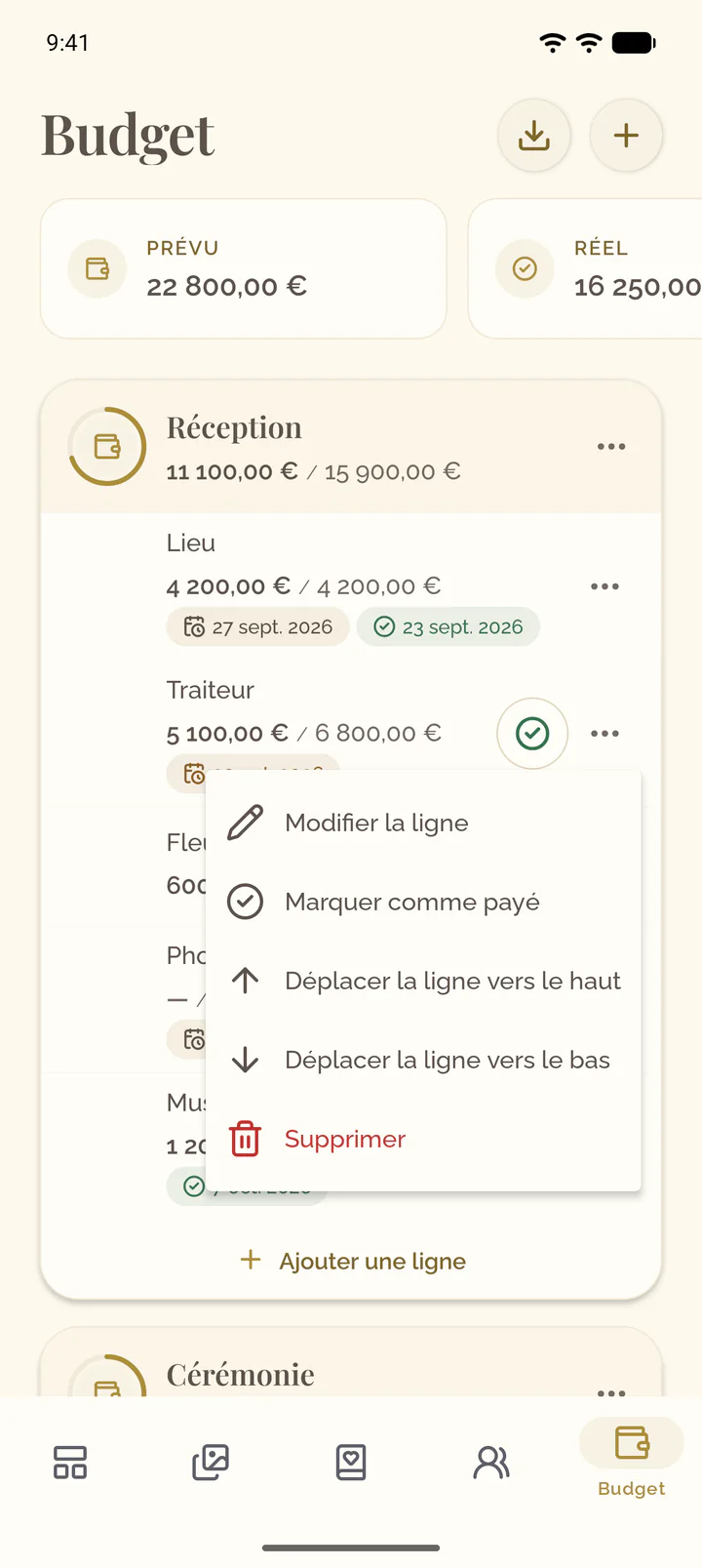 Le menu d'un poste dans l'app
