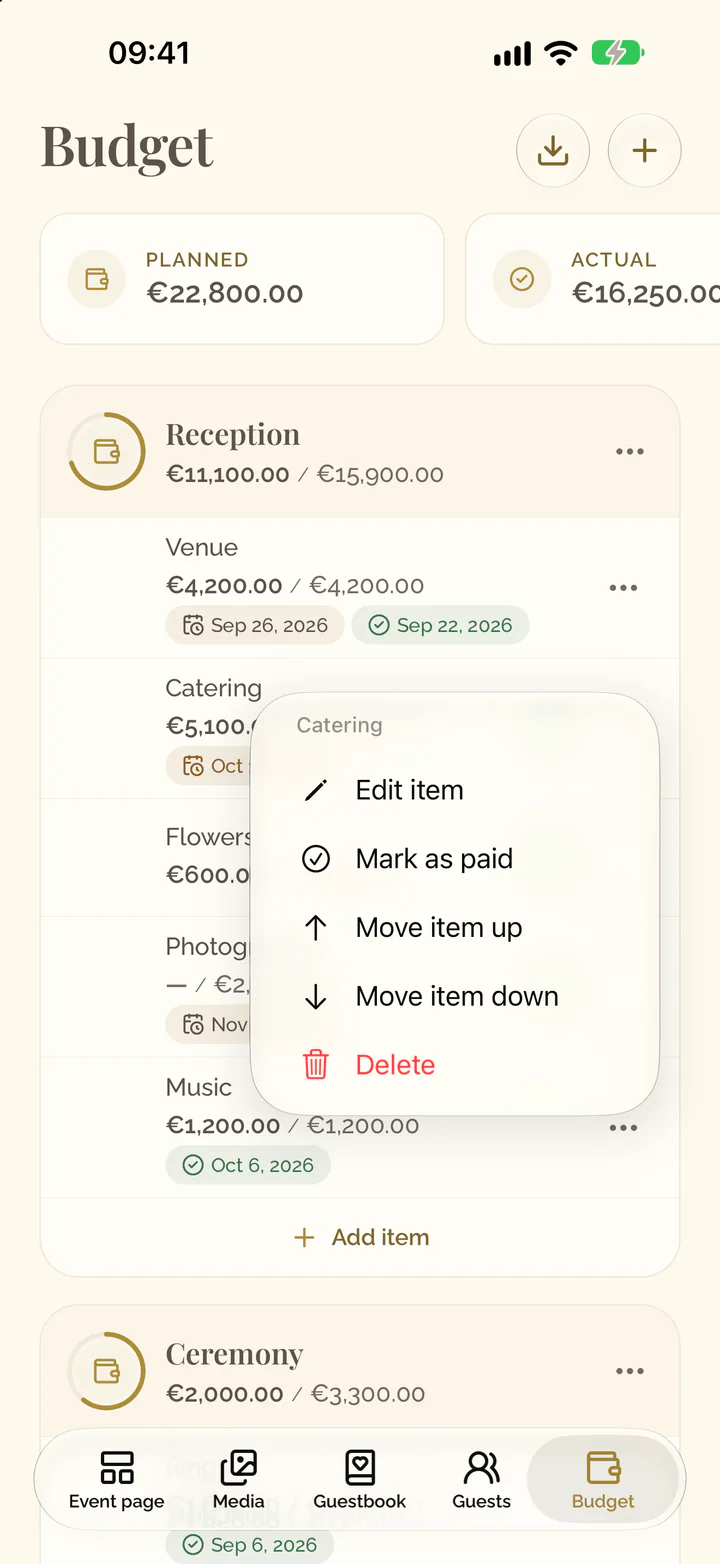 The menu of a line item in the app