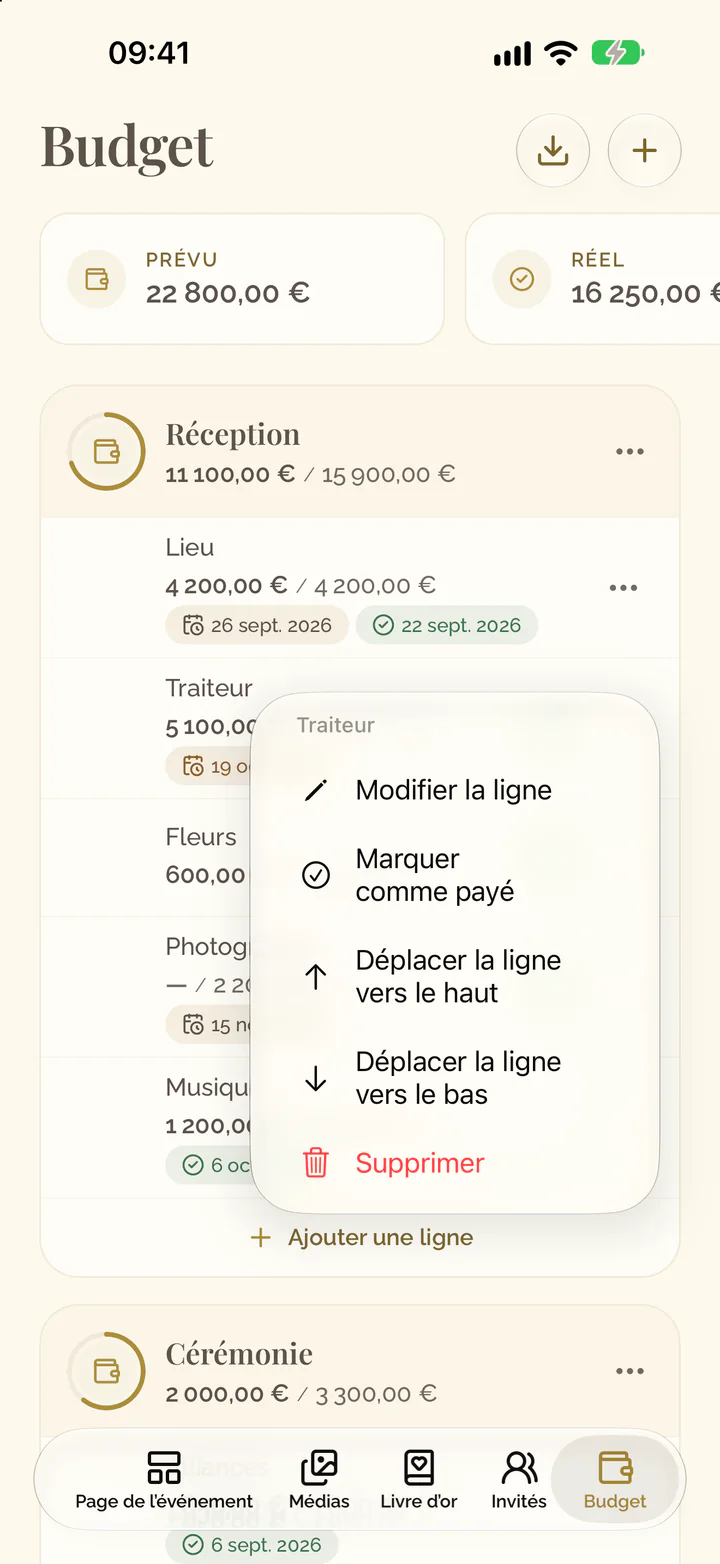 Le menu d'un poste dans l'app